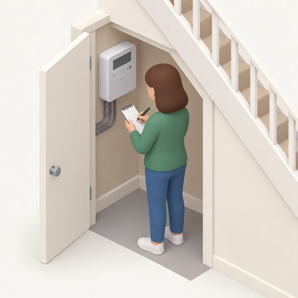 A simplified householder standing at a wall-mounted smart electricity meter, such as in an under-stairs cupboard, reading its display and writing the reading on a notepad held in their other hand on switching day.