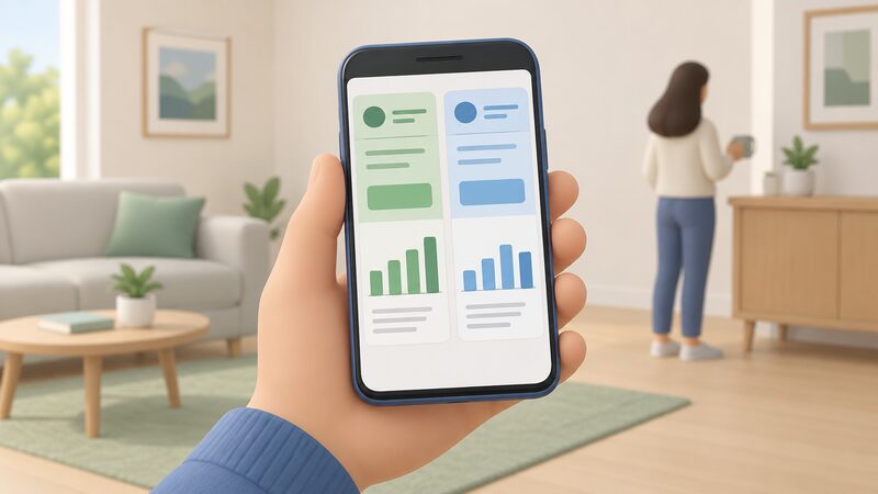 A hand holding a smartphone with two energy supplier app screens shown side by side, each displaying a tariff summary and a usage display with plain colour blocks and blank lines instead of readable figures, set against a simple home interior background.
