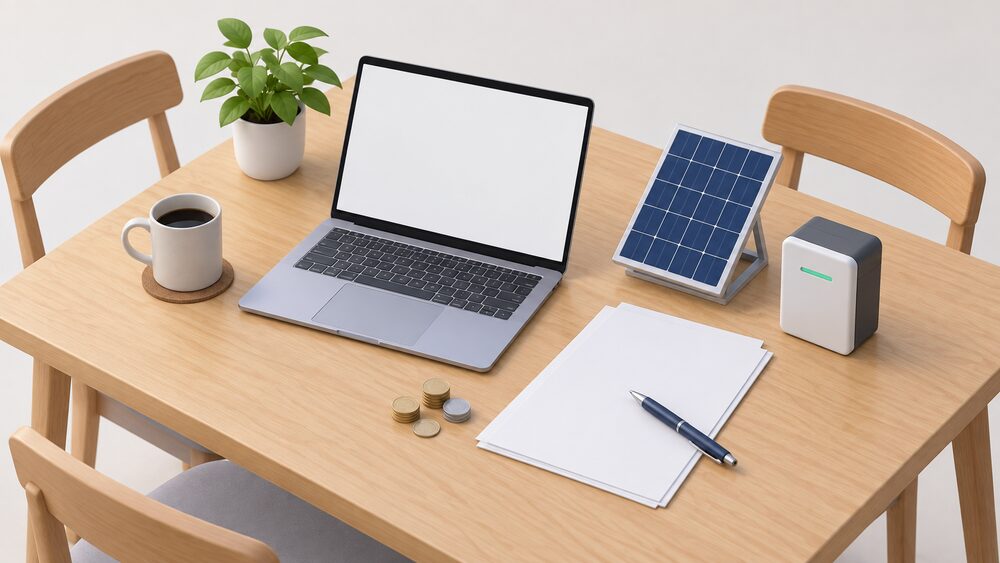 A kitchen table seen from above with a laptop showing a blank screen, blank comparison paperwork and a pen, a few coins, and a small model of a rooftop solar panel with a small battery beside it, representing a household weighing up energy suppliers.