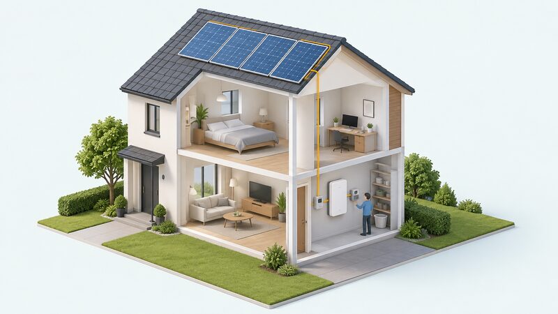 A cutaway view of a house showing solar panels on the roof, with a cable running down to a utility room containing a wall-mounted battery and a smart meter connected beside it.
