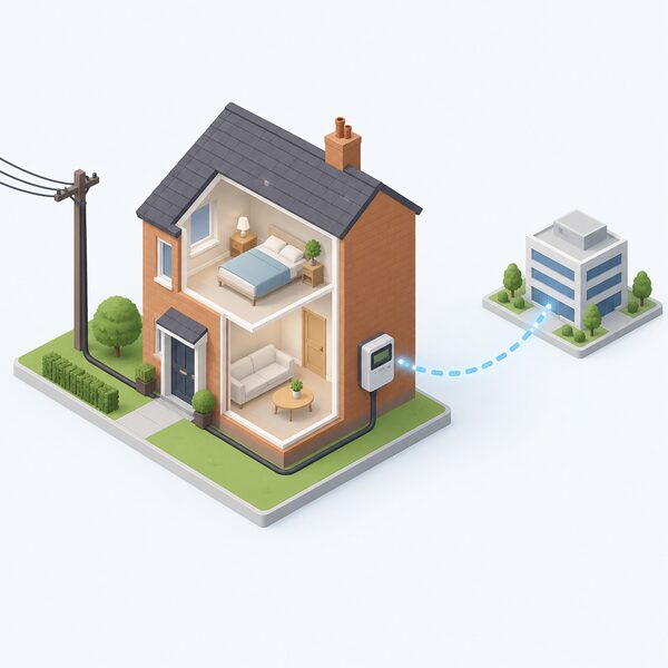 A small isometric UK home with a smart meter fitted at the meter box on an outside wall, shown connected by a simple signal path to a stylised supplier systems hub, with the grid supply cable also entering the home.