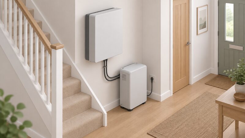 A simplified isometric UK home hallway with a small plug-in battery unit standing on the floor beside a larger wall-mounted battery system, both plain unbranded boxes with simple cable connections, no people.