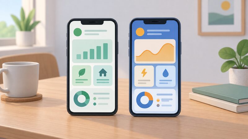Two smartphones standing side by side on a table, each showing its supplier's energy app as a simple dashboard screen with plain colour blocks and blank lines instead of readable figures, one screen in one colour scheme and the other in a different scheme.