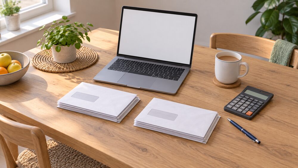 A kitchen table seen from above with two plain envelopes of household energy bills side by side, a laptop with a blank screen showing an online account comparison, a calculator, a pen and a mug of tea, all lit by soft daylight from a nearby window.