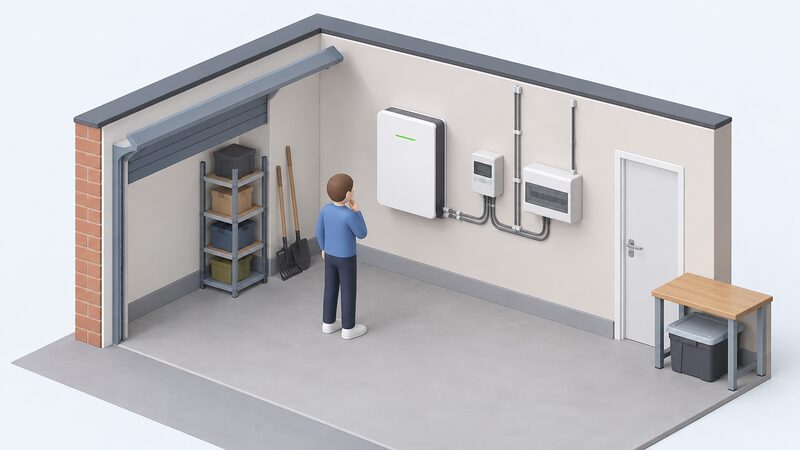 A simplified isometric garage interior showing a wall-mounted home battery unit fixed to the wall beside a smart meter and a consumer unit, with a small figure inspecting the installation and simple cable runs connecting the three units.