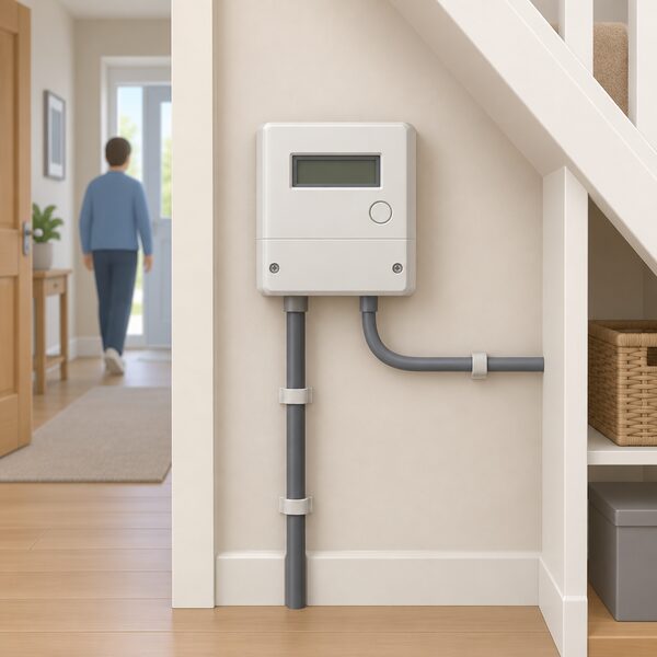 A domestic electricity meter mounted on an inside wall of a home, such as in a hallway or under-stairs cupboard, drawn as plain everyday equipment with its incoming supply cable and a cable running onward into the house.