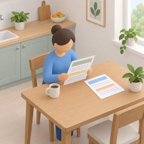 A simplified isometric household figure sits at a kitchen table at home holding a printed energy quote sheet, with a second quote sheet lying beside it, both showing plain colour bands and blank lines where unit rates and standing charges would appear.