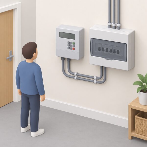 A prepayment electricity meter with a keypad mounted on an interior home wall, drawn as a plain rectangular box with a small keypad and blank display, connected by visible cable runs to the household's consumer unit and meter tails.