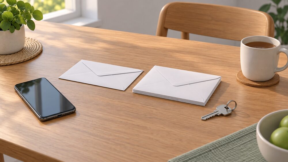 A kitchen table in daylight with two plain envelopes side by side, one slim and one noticeably thicker, beside a smartphone, a house key and a mug of tea, suggesting a household weighing up two energy supply offers.