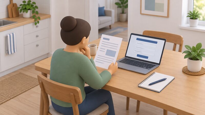 A householder at a kitchen table holding a paper energy bill while looking at a laptop whose screen shows a complaint form as blank lines and plain blocks, with a notebook and pen beside them for recording the complaint date.