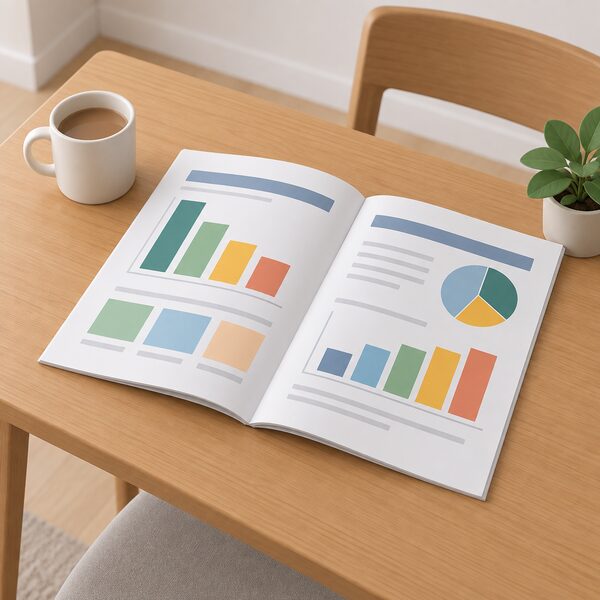 A printed Ofgem satisfaction survey report lying open on a domestic table, its pages showing plain bar charts and colour blocks representing satisfaction percentages, with no readable figures or words.