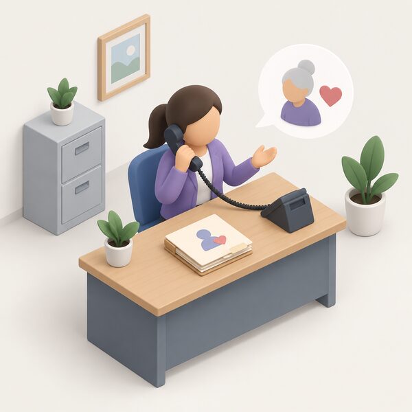 A small isometric adviser sits at an office desk with a telephone, raising a complaint with an energy supplier on behalf of a vulnerable consumer, with a simple case file on the desk representing the customer's circumstances.