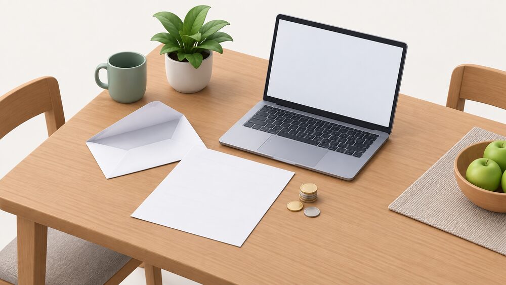A kitchen table with a blank energy bill and a plain envelope lying open, a small stack of coins beside them, and a laptop with a blank screen, suggesting a household checking a bill and seeking a refund.