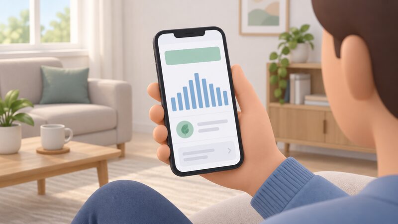 A hand holding a smartphone in a home setting, the screen showing a supplier account dashboard with a plain bar-chart of monthly energy usage and a blank name band for the tariff, drawn as a physical object with no readable words or numbers.
