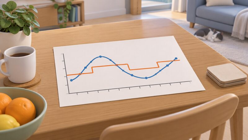 A printed line chart on a sheet lying on a household table, showing a stepped cap line and a second line that rises above and dips below it across a twelve-month span, with no readable numbers or words.