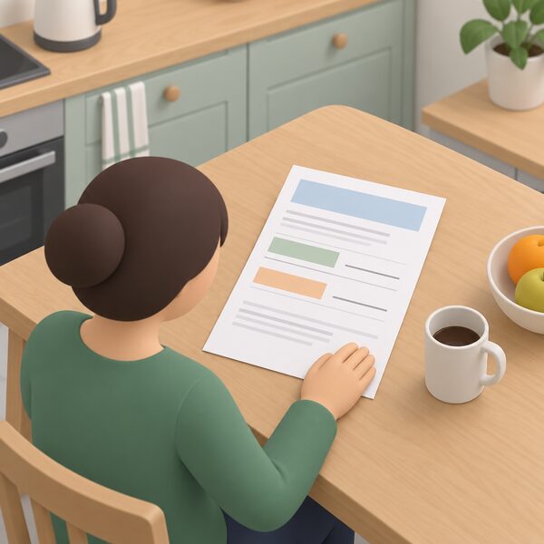 A paper household energy bill lying on a kitchen table, its layout showing a unit rate line and a daily standing charge line as blank ruled fields beside plain colour bands, with a simplified isometric figure's hand resting on the sheet as a household reads the capped default tariff charges.