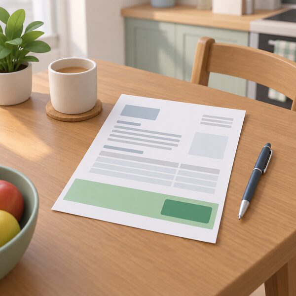 A paper household energy bill lying on a kitchen table beside a pen, with a plain colour band along its lower edge representing the Warm Home Discount rebate applied to the account, shown only as a blank block with no readable figures.