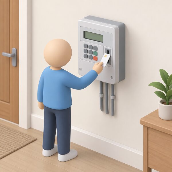 A domestic prepayment electricity meter mounted on a plain interior wall, drawn as a simple wall-hung meter box with a keypad and display slot, with a small simplified figure standing before it inserting a key or card to top up credit.