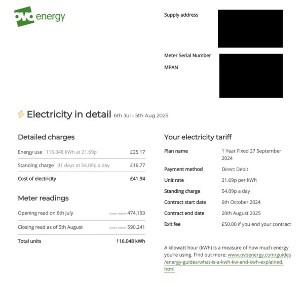 An OVO Energy electricity bill page showing detailed charges, meter readings and tariff details for 6 July to 5 August 2025