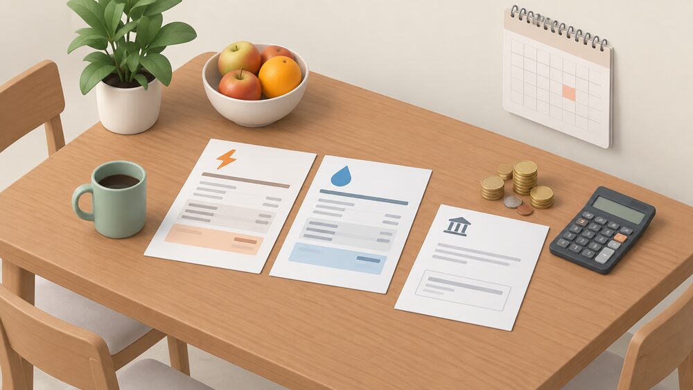 A kitchen table with two plain unmarked energy bills side by side, a Direct Debit letter, a small stack of coins, a calculator and a wall calendar, showing the moment a household compares two suppliers' bills before switching.