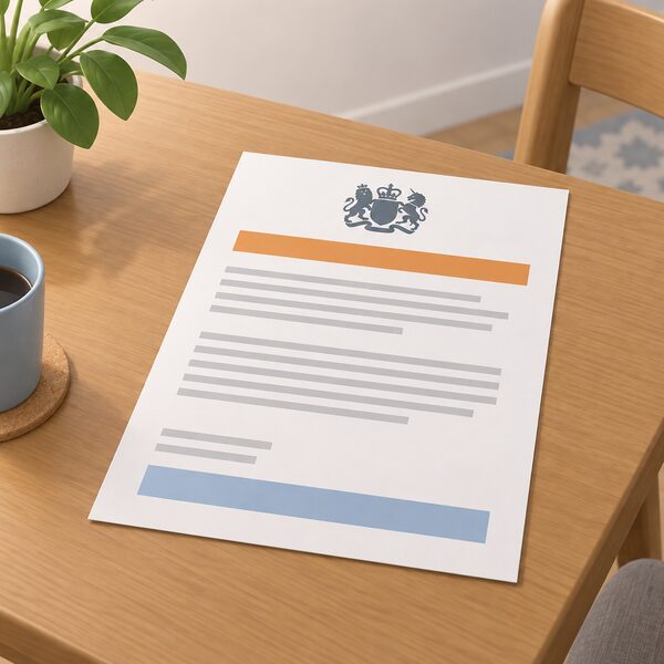 A single formal official letter lying on a plain domestic table, drawn as a physical object with a plain crest-like block, colour bands and blank lines only, representing the concluded Ofgem redress settlement document.
