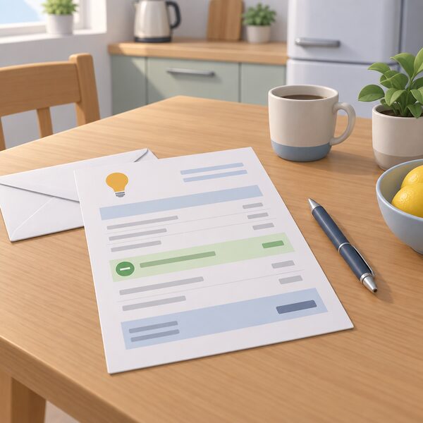 A paper household electricity bill lying on a kitchen table, shown as a physical document with blank lines and plain colour bands, with a highlighted band indicating a one-off discount credit applied to the balance, beside a pen and an envelope.