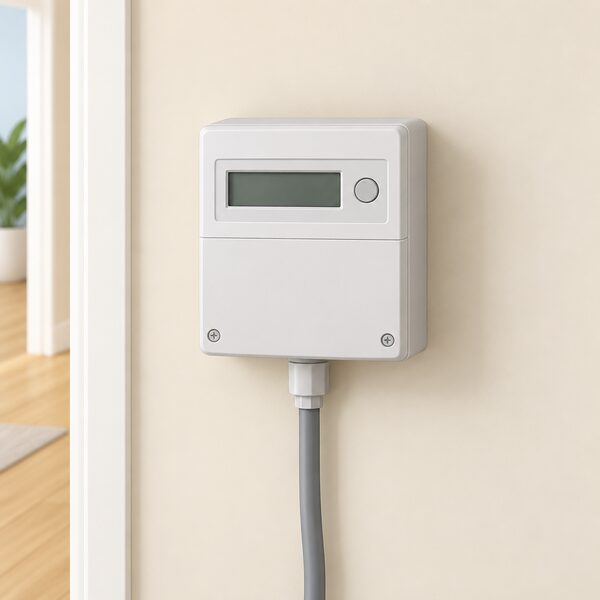 A simple domestic electricity meter mounted on an interior wall of a home, shown as a plain rectangular meter box with its supply cable entering from below, with no people or other equipment present.