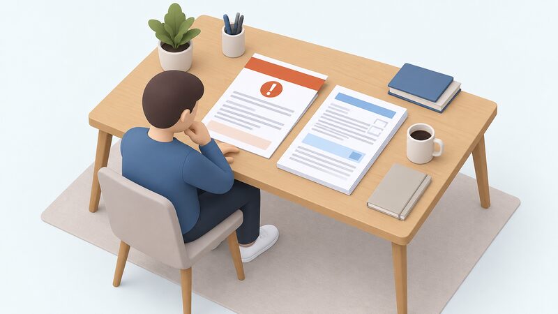 A desk scene showing an Ofgem enforcement notice document lying beside prepayment meter paperwork, with a small isometric figure of a person reviewing the papers, all content shown as blank lines and plain colour bands with no readable words or numbers.