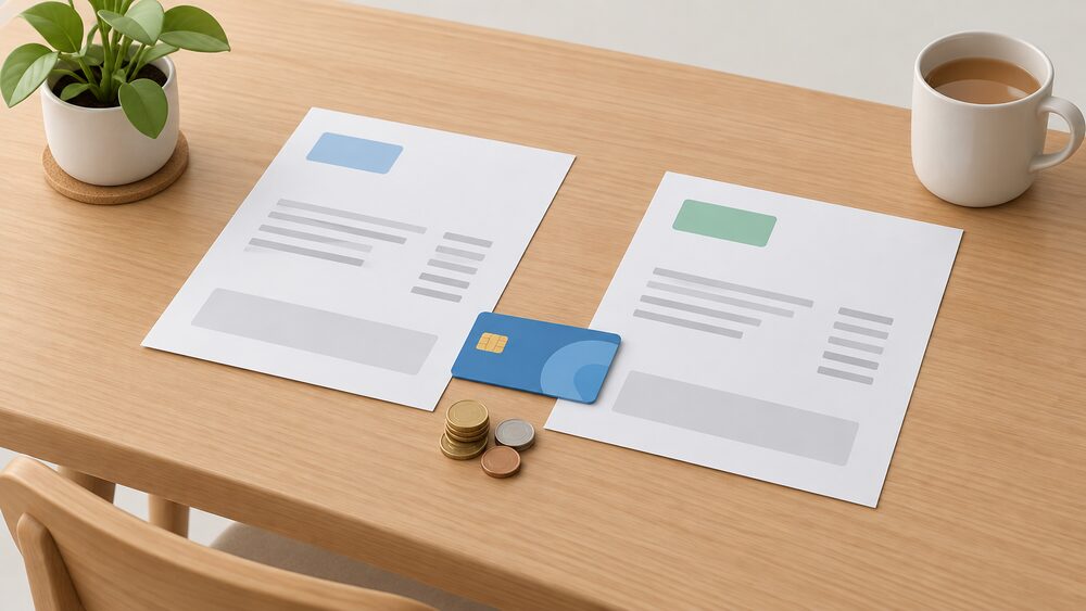 A kitchen table seen from above with two blank electricity bills lying side by side for comparison, a prepayment meter top-up card resting between them, and a small stack of coins beside the paperwork.