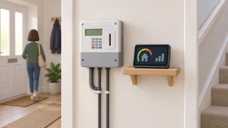 A domestic hallway wall with a prepayment electricity meter mounted at eye level beside a smart meter in-home display resting on a small shelf, both shown side by side in a plain UK home setting.