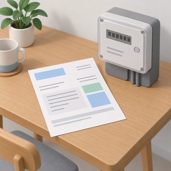A quarterly energy bill shown as a physical paper document lying on a household table beside an electricity meter, with blank lines and plain colour blocks standing in for the meter readings and amounts, and no readable words or numbers.