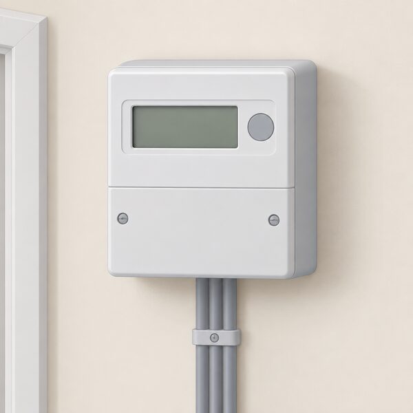 A standard credit electricity meter mounted on an interior wall of a home, drawn as a simple rectangular meter box with a display window, with no person present and no other equipment shown.