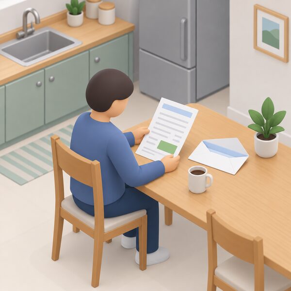 A paper final bill lying on a kitchen table beside an opened envelope, its content shown only as blank lines and plain colour bands with a highlighted refund block, with a simplified isometric figure seated nearby reading it.
