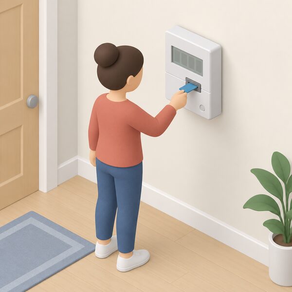 A prepayment electricity meter mounted on an interior wall of a home, with a small isometric figure standing beside it inserting a plain payment key into the meter's slot, the meter's display shown as a blank panel with no readable figures.