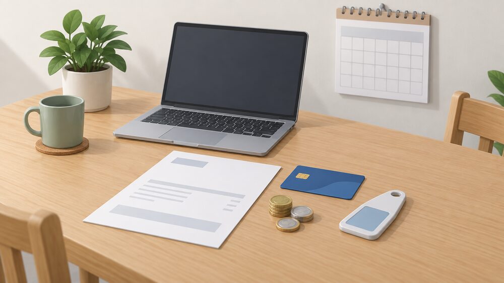 A kitchen table with a blank paper bill, a bank card, a small stack of coins and a prepayment key laid out together, with a blank-screen laptop and a wall calendar behind them, showing the choice between ways of paying an energy supplier.