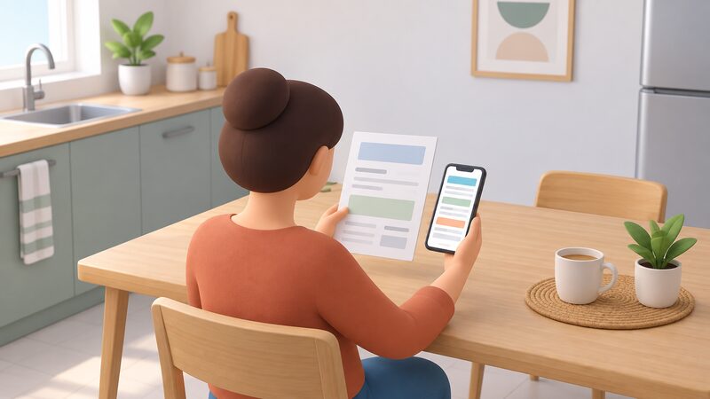 A householder at a kitchen table holding a paper bill in one hand while looking at a phone showing a supplier app, the two side by side for comparison, with the bill's content shown only as blank lines and plain colour blocks.