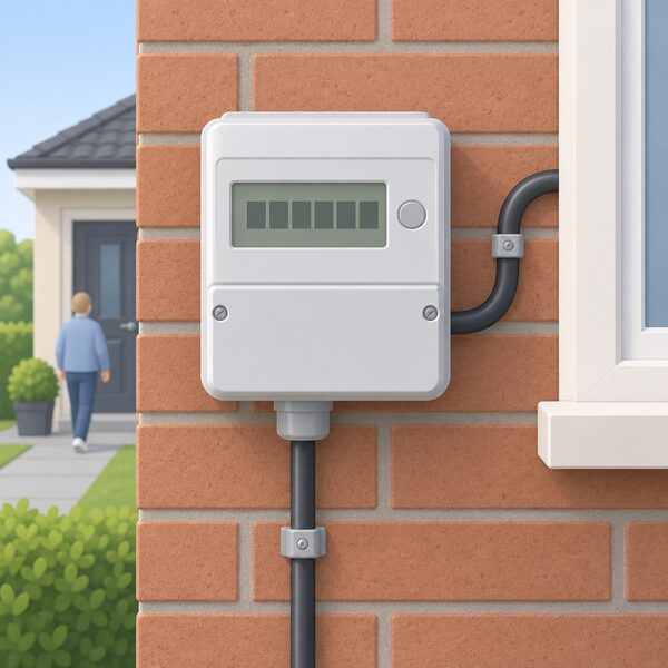 A domestic electricity meter mounted on an exterior house wall, with the incoming supply cable entering from below and an outgoing cable running toward the house, its digital display showing plain blank segments to represent recorded kWh consumption.