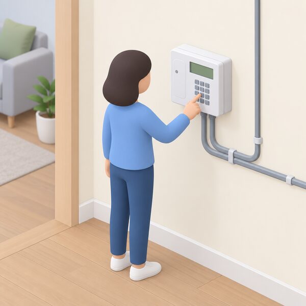 A white keypad prepayment electricity meter mounted on an interior wall of a home, with a simplified figure standing beside it pressing keys on the numeric keypad to enter a top-up code, with plain cable connections running from the meter into the household wiring.