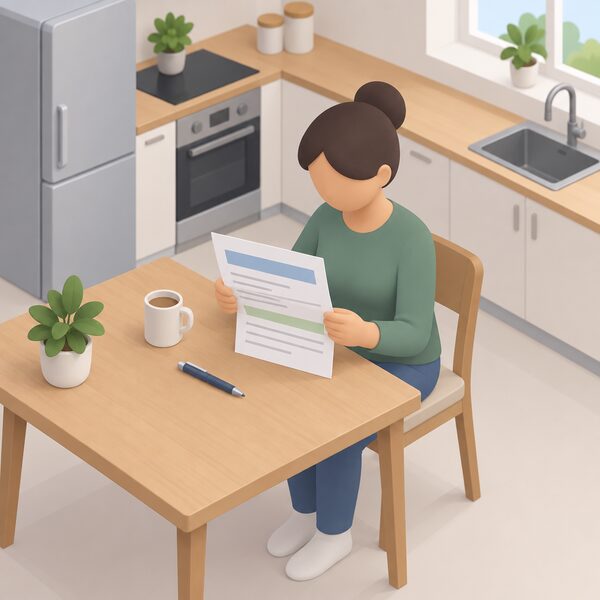 A folded household energy bill lying on a kitchen table beside a pen, with a simplified isometric figure seated holding the paper and reading it, the document shown with plain colour bands and blank lines so no words or figures are readable.