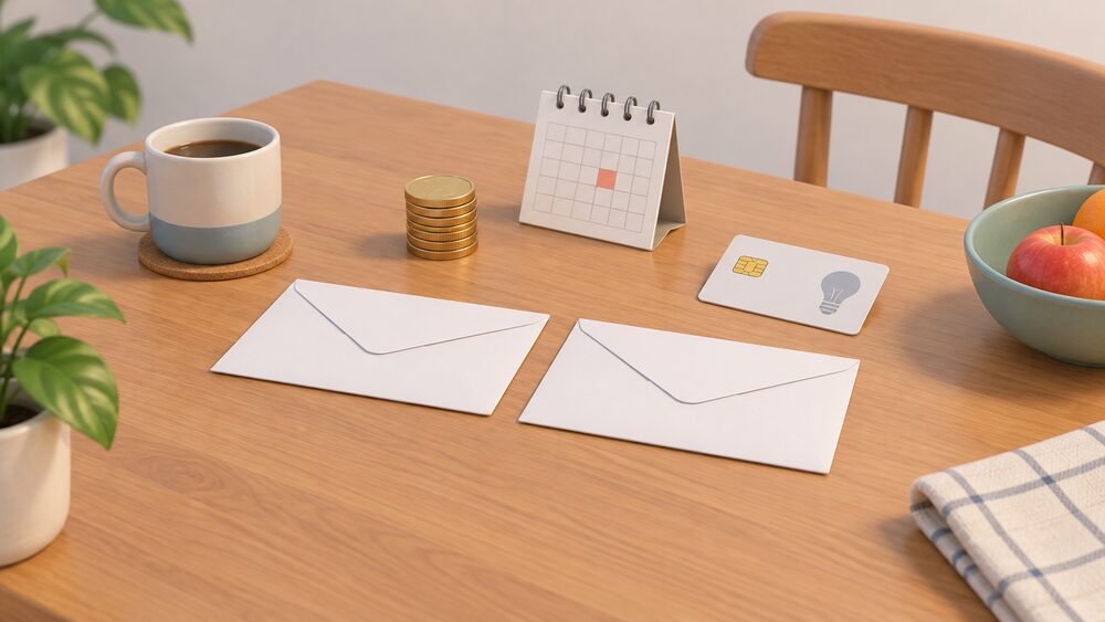 A kitchen table with two blank envelopes side by side, a coin stack, a small calendar page and a keypad electricity meter token card, suggesting a household weighing up two energy suppliers before switching.