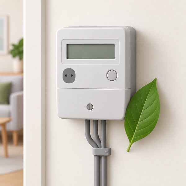 A domestic electricity meter on an inside wall of a home with a single green leaf resting against it, suggesting a household's choice of a 100% green energy tariff plan.