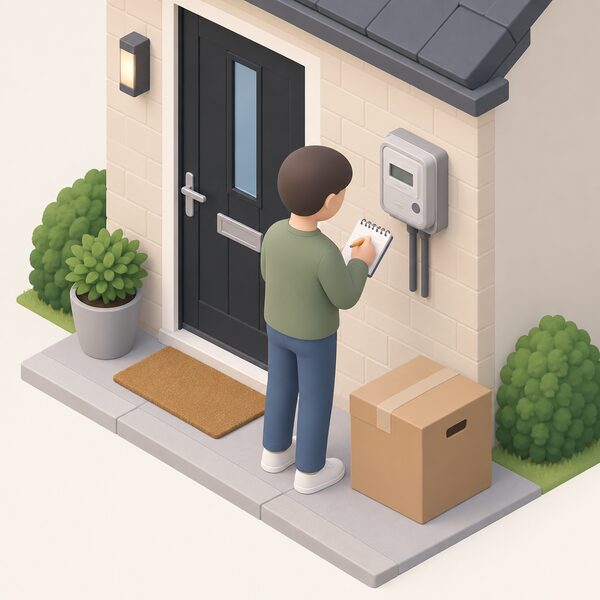 A simplified isometric figure stands at an electricity meter mounted on an outside wall of a house beside the front door, writing the reading on a notepad while holding a moving box nearby, showing the final or opening read taken when moving home.