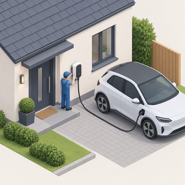 A wall-mounted electric vehicle chargepoint beside a home's front door with a cable running to a parked electric car on the driveway, while a small isometric installer figure secures the unit's wiring into the house wall.