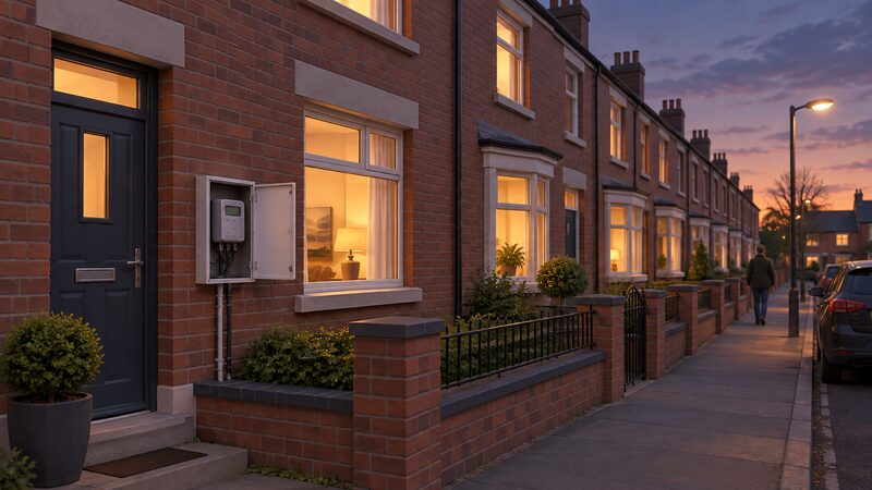 A dusk street scene of a row of Northern Ireland terraced houses with warm lit windows, and on the nearest house an external electricity meter cabinet on the outside wall with its door open showing a meter inside.
