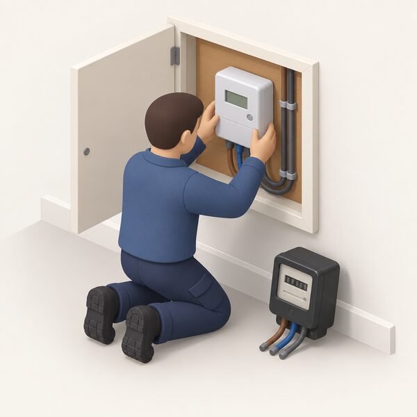 A small isometric engineer in plain clothing kneels at a UK home's indoor meter cupboard, fitting a new smart electricity meter into the same wall space where an old RTS meter has just been removed, with the supply cables reconnected and the old meter set aside nearby.