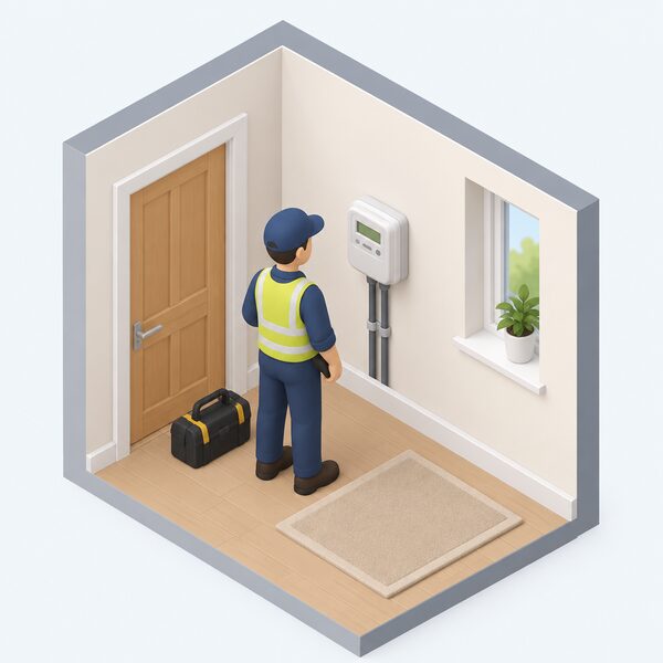 A small isometric figure of an installer standing beside a non-communicating smart meter mounted on an interior wall of a home, the meter fitted and working but with no connection to any network, shown by the absence of any aerial or external link.