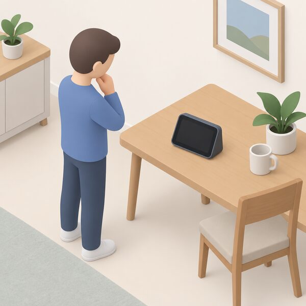A small in-home smart meter display unit sitting on an indoor table, its screen dark and blank to show it is not working as it should, with a simplified isometric figure nearby looking at it.