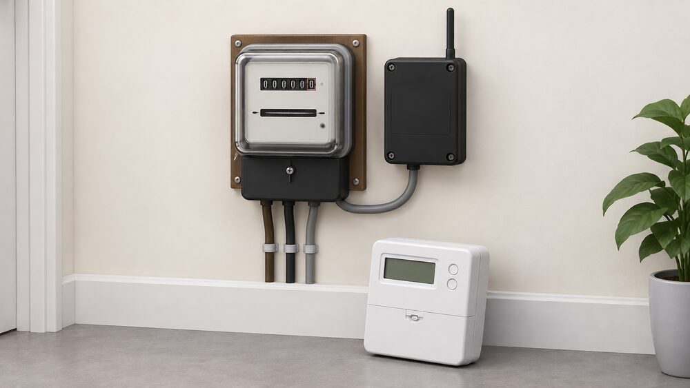 A close-up of an electricity meter on a wall with a separate black radio teleswitch box beside it, and a smart meter ready to be fitted resting nearby on the floor.