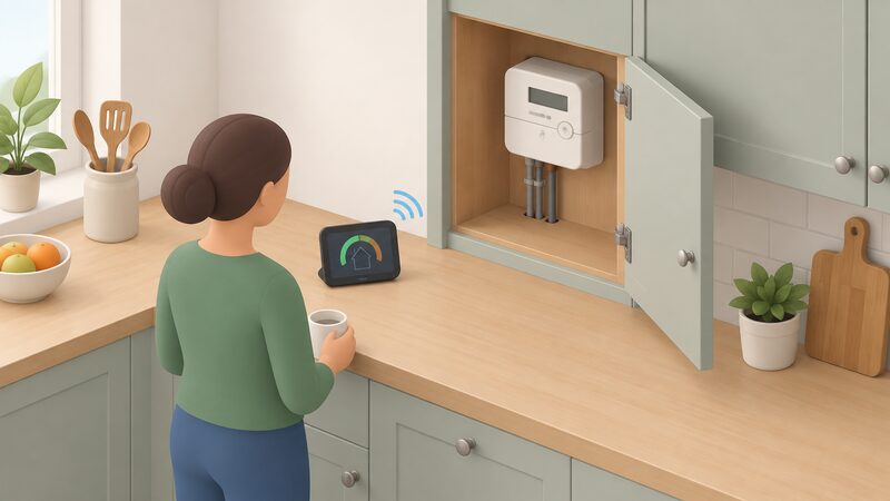 A small isometric kitchen cupboard with its door open showing a smart electricity meter mounted inside, with a compact in-home display sitting on the adjacent kitchen worktop, connected by a simple wireless signal arc.