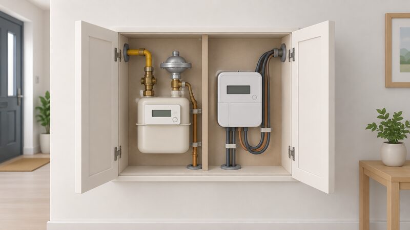 An open domestic meter cupboard showing a gas smart meter and an electricity smart meter installed side by side, each in its plain enclosure with connecting pipework and cabling leaving through the wall, with no supplier branding anywhere.